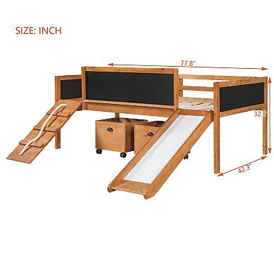 Trikiousd Twin Size Wooden Low Loft Bed Frame w/ 2 Storage Boxes, Slide & Double-Sided Chalkboard