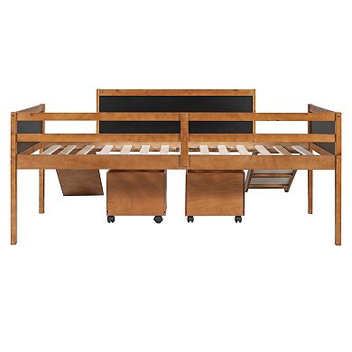 Trikiousd Twin Size Wooden Low Loft Bed Frame w/ 2 Storage Boxes, Slide & Double-Sided Chalkboard
