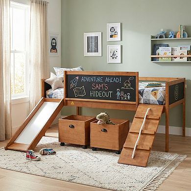 Trikiousd Twin Size Wooden Low Loft Bed Frame w/ 2 Storage Boxes, Slide & Double-Sided Chalkboard