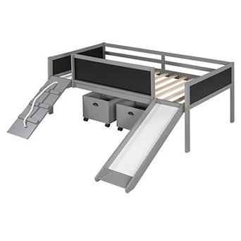 Trikiousd Twin Size Wooden Low Loft Bed Frame w/ 2 Storage Boxes, Slide & Double-Sided Chalkboard