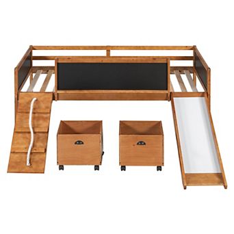 Trikiousd Twin Size Wooden Low Loft Bed Frame w/ 2 Storage Boxes, Slide & Double-Sided Chalkboard