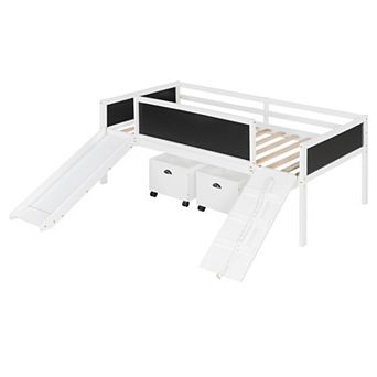 Trikiousd Twin Size Wooden Low Loft Bed Frame w/ 2 Storage Boxes, Slide & Double-Sided Chalkboard