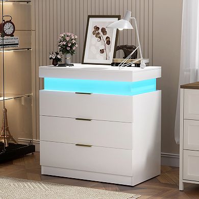 Trikiousd Nightstand with Charging Station and LED Lights, Sliding Top Bedside Table End Side Table