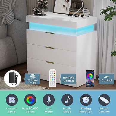 Trikiousd Nightstand with Charging Station and LED Lights, Sliding Top Bedside Table End Side Table