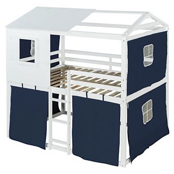 Trikiousd Wood Floor House Bed Kids Bunk Bed Frame with Tent
