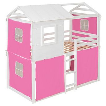 Trikiousd Wood Floor House Bed Kids Bunk Bed Frame with Tent