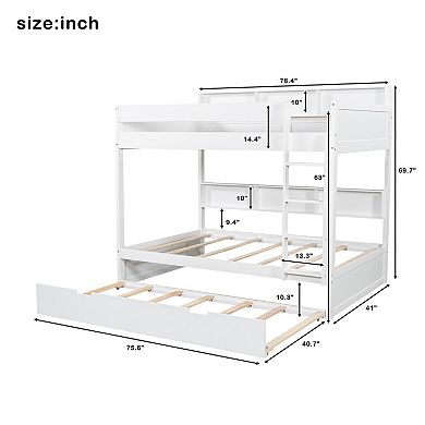 Trikiousd Wood Twin Over Twin Bunk Bed w/ Pull Out Trundle & Storage Bookshelf, No Box Spring Needed