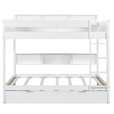 Trikiousd Wood Twin Over Twin Bunk Bed w/ Pull Out Trundle & Storage Bookshelf, No Box Spring Needed