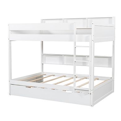 Trikiousd Wood Twin Over Twin Bunk Bed w/ Pull Out Trundle & Storage Bookshelf, No Box Spring Needed
