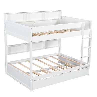 Trikiousd Wood Twin Over Twin Bunk Bed w/ Pull Out Trundle & Storage Bookshelf, No Box Spring Needed