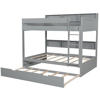Trikiousd Wood Twin Over Twin Bunk Bed w/ Pull Out Trundle & Storage Bookshelf, No Box Spring Needed