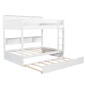 Trikiousd Wood Twin Over Twin Bunk Bed w/ Pull Out Trundle & Storage Bookshelf, No Box Spring Needed