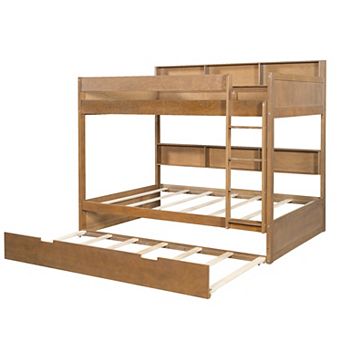Trikiousd Wood Twin Over Twin Bunk Bed w/ Pull Out Trundle & Storage Bookshelf, No Box Spring Needed