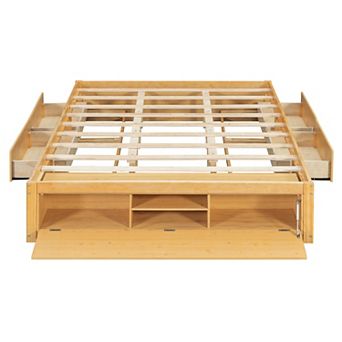 Trikiousd Queen Size Wood Platform Bed w/ 4 Underbed Drawers & Hydraulic Lift Footboard Storage