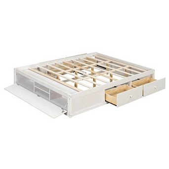 Trikiousd Queen Size Wood Platform Bed w/ 4 Underbed Drawers & Hydraulic Lift Footboard Storage