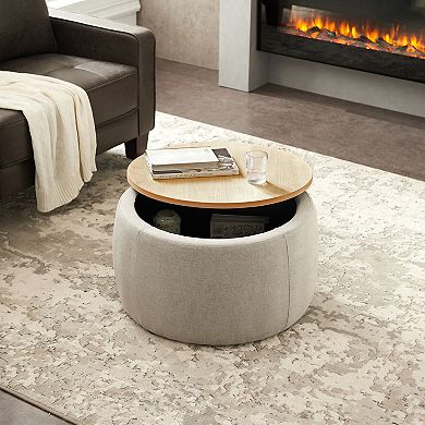 Trikiousd Round Storage Ottoman, 2-in-1 Fabric Upholstered Ottoman Stool Footrest Seat End Table
