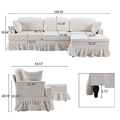 Trikiousd 103.15" L-Shaped Sectional Sofa with Ottoman and Removable Skirt