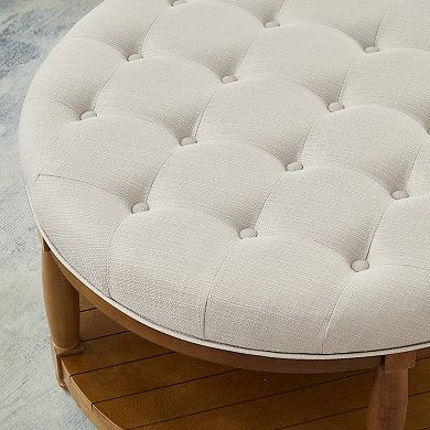 Trikiousd Large Round Ottoman Tufted Linen Footrest Solid Wood Frame Coffee Table with Shelf