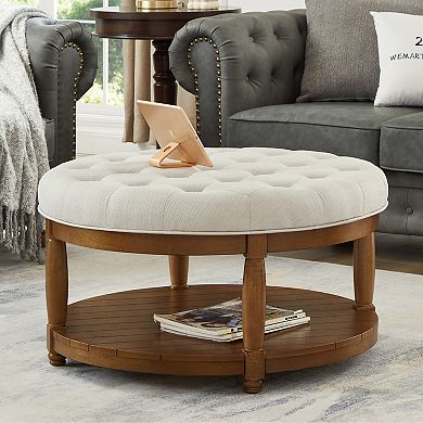 Trikiousd Large Round Ottoman Tufted Linen Footrest Solid Wood Frame Coffee Table with Shelf