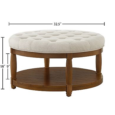Trikiousd Large Round Ottoman Tufted Linen Footrest Solid Wood Frame Coffee Table with Shelf
