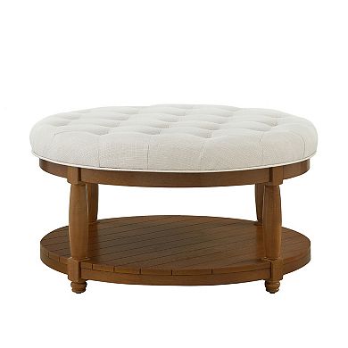 Trikiousd Large Round Ottoman Tufted Linen Footrest Solid Wood Frame Coffee Table with Shelf