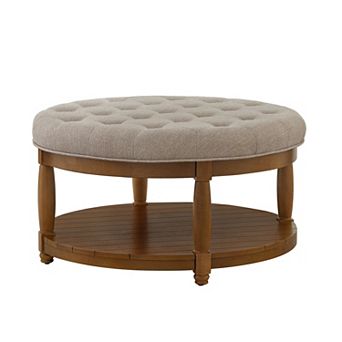 Trikiousd Large Round Ottoman Tufted Linen Footrest Solid Wood Frame Coffee Table with Shelf