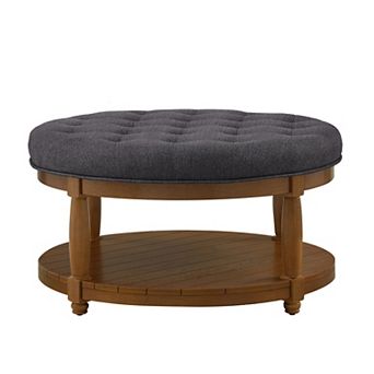 Trikiousd Large Round Ottoman Tufted Linen Footrest Solid Wood Frame Coffee Table with Shelf