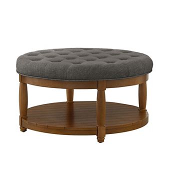 Trikiousd Large Round Ottoman Tufted Linen Footrest Solid Wood Frame Coffee Table with Shelf