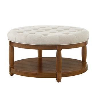 Trikiousd Large Round Ottoman Tufted Linen Footrest Solid Wood Frame Coffee Table with Shelf
