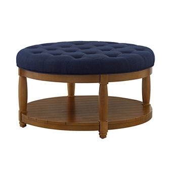 Trikiousd Large Round Ottoman Tufted Linen Footrest Solid Wood Frame Coffee Table with Shelf