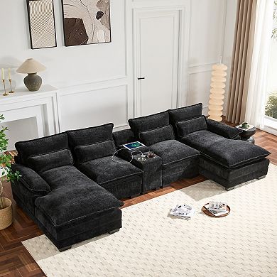 Trikiousd 123" U-Shaped Sectional Sofa with Console, USB and Cup Holders