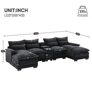 Trikiousd 123" U-Shaped Sectional Sofa with Console, USB and Cup Holders