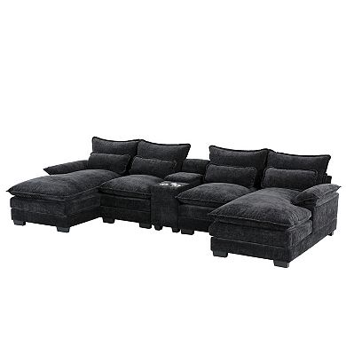 Trikiousd 123" U-Shaped Sectional Sofa with Console, USB and Cup Holders