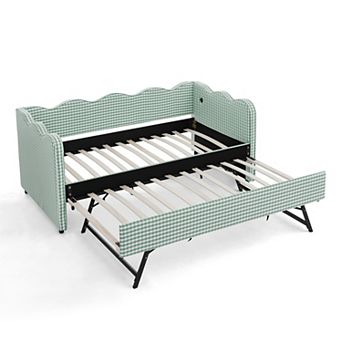 Trikiousd Twin Size Gingham Daybed Wave Shaped Extendable Linen Sofa Bed with Pull-out Trundle & USB
