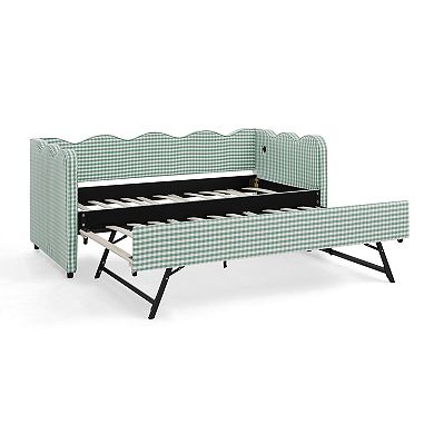 Trikiousd Twin Size Gingham Daybed Wave Shaped Extendable Linen Sofa Bed with Pull-out Trundle & USB