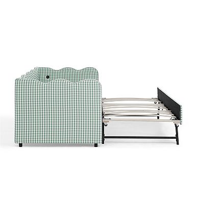 Trikiousd Twin Size Gingham Daybed Wave Shaped Extendable Linen Sofa Bed with Pull-out Trundle & USB
