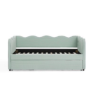Trikiousd Twin Size Gingham Daybed Wave Shaped Extendable Linen Sofa Bed with Pull-out Trundle & USB