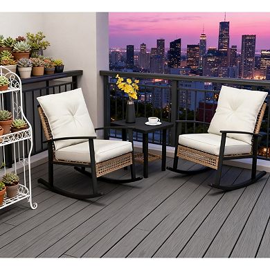 Trikiousd PE Rattan Rocking Chairs and Coffee Table Set, 3-Piece Patio Rocking Chairs Set wCushions