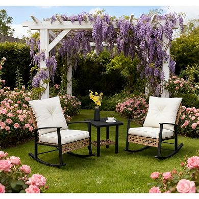 Trikiousd PE Rattan Rocking Chairs and Coffee Table Set, 3-Piece Patio Rocking Chairs Set wCushions