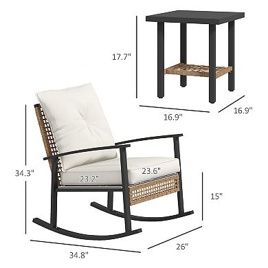 Trikiousd PE Rattan Rocking Chairs and Coffee Table Set, 3-Piece Patio Rocking Chairs Set wCushions