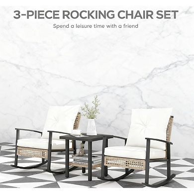 Trikiousd PE Rattan Rocking Chairs and Coffee Table Set, 3-Piece Patio Rocking Chairs Set wCushions