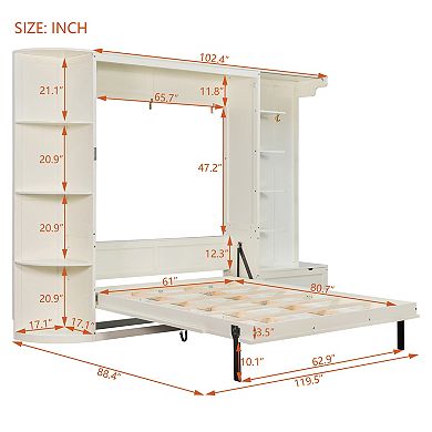 Trikiousd Murphy Bed Queen Size Foldable Wall Bed Wood Storage Platform Bed w/ Cabinets & Lights