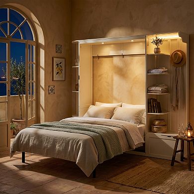 Trikiousd Murphy Bed Queen Size Foldable Wall Bed Wood Storage Platform Bed w/ Cabinets & Lights