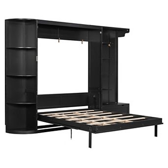 Trikiousd Murphy Bed Queen Size Foldable Wall Bed Wood Storage Platform Bed w/ Cabinets & Lights