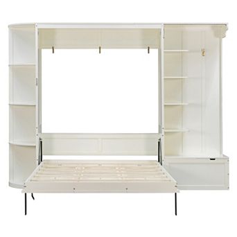 Trikiousd Murphy Bed Queen Size Foldable Wall Bed Wood Storage Platform Bed w/ Cabinets & Lights