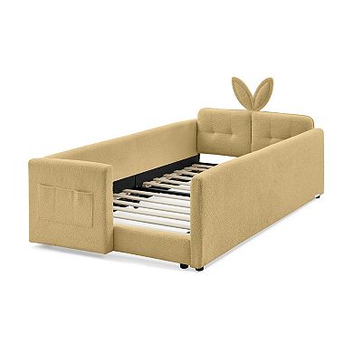 Trikiousd Twin Size Boucle Upholstered Platform Bed w/ Cute Rabbit Ear Shaped Headboard & Pocket