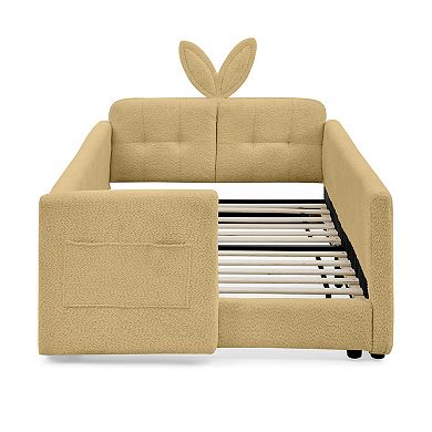 Trikiousd Twin Size Boucle Upholstered Platform Bed w/ Cute Rabbit Ear Shaped Headboard & Pocket