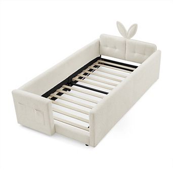 Trikiousd Twin Size Boucle Upholstered Platform Bed w/ Cute Rabbit Ear Shaped Headboard & Pocket