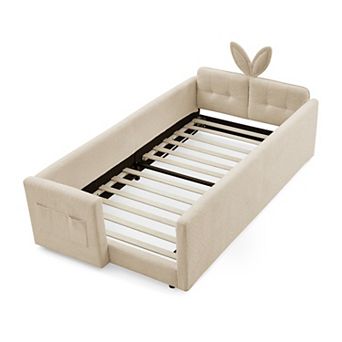 Trikiousd Twin Size Boucle Upholstered Platform Bed w/ Cute Rabbit Ear Shaped Headboard & Pocket