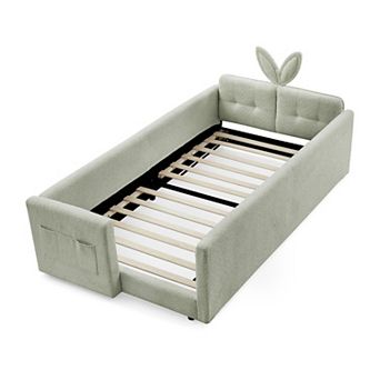 Trikiousd Twin Size Boucle Upholstered Platform Bed w/ Cute Rabbit Ear Shaped Headboard & Pocket